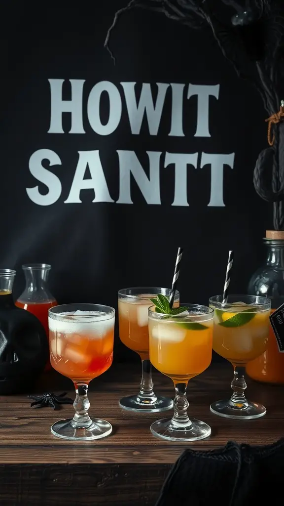A spooky drink station with colorful cocktails and a skull-shaped container, perfect for a Halloween birthday party.