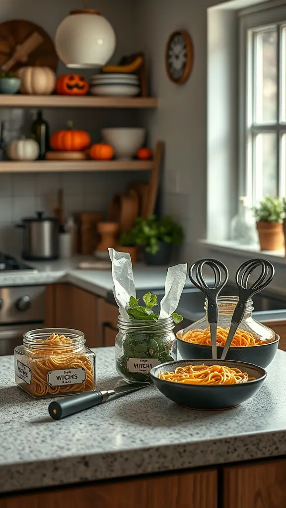 A cozy kitchen with jars of pasta and herbs, decorated for Halloween with pumpkins.