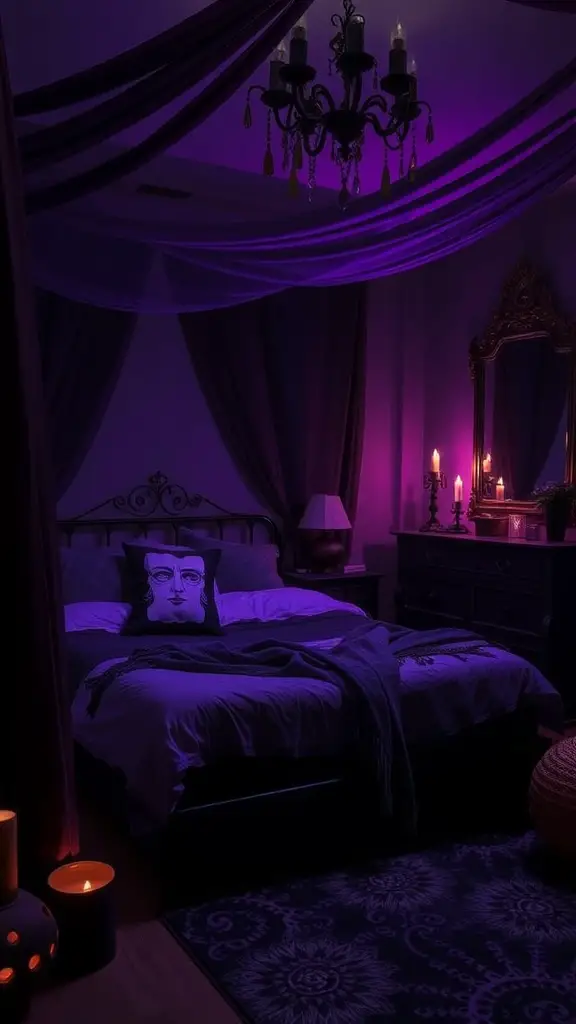 A witchy bedroom with purple tones, candles, and elegant decor.