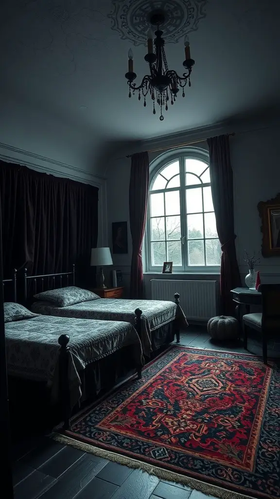 A darkly lit bedroom featuring two beds, rich textiles, and a vibrant rug, evoking a mystical atmosphere.