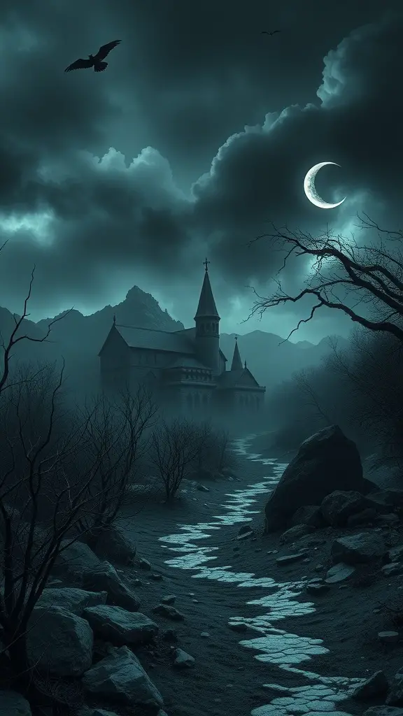 A dark, mysterious landscape featuring a shadowy castle, twisted trees, and a moonlit sky.