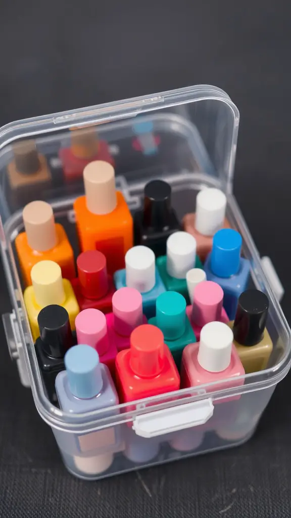 19+Creative Nail Polish Storage Ideas You’ll Love 14 A clear plastic caddy filled with various colorful nail polish bottles.