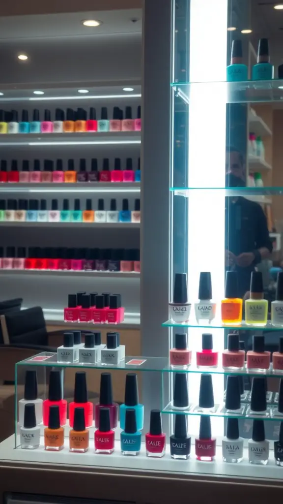 19+Creative Nail Polish Storage Ideas You’ll Love 13 A vibrant display of nail polish bottles organized on shelves with lighting.