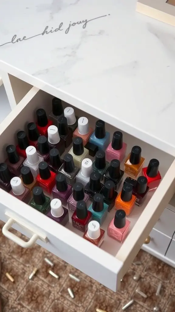 19+Creative Nail Polish Storage Ideas You’ll Love 15 A neatly organized drawer filled with various nail polish bottles, showcasing a colorful collection.
