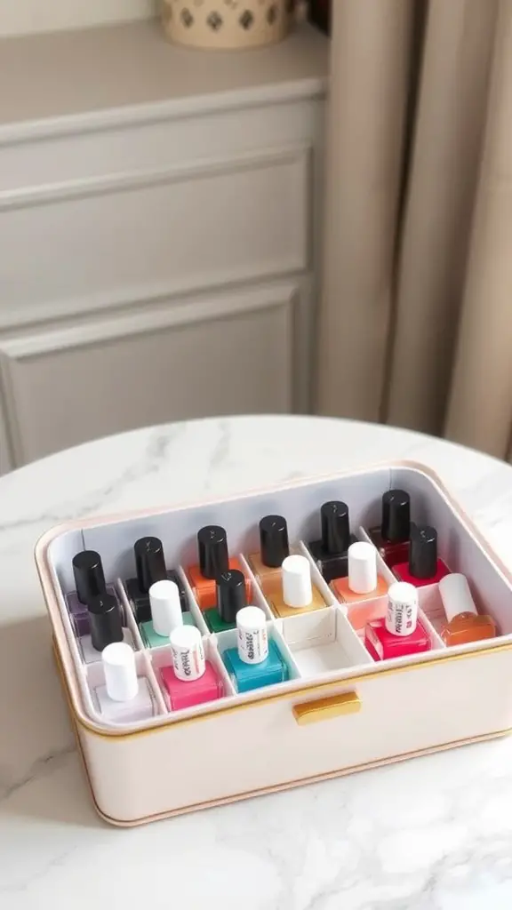 19+Creative Nail Polish Storage Ideas You’ll Love 8 A stylish nail polish storage box with dividers, holding various colorful nail polish bottles.