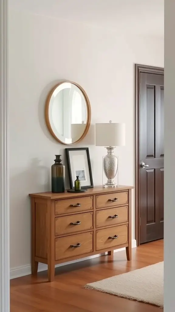 A narrow wooden console table with drawers in an entryway, featuring a mirror, lamp, and decorative items.