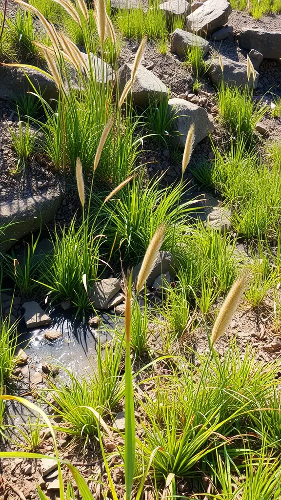 23 Stunning Dry Riverbed Landscaping Ideas to Transform Your Outdoors 5 A dry riverbed landscape featuring native grasses with feathery plumes and scattered rocks.