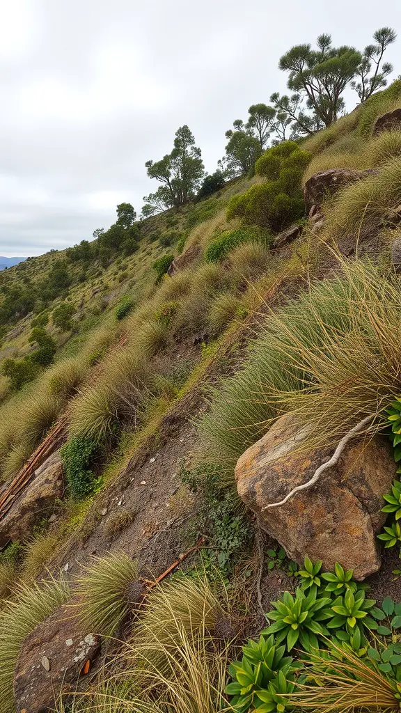 19 Creative Steep Hill Landscaping Ideas to Transform Your Yard 11 A steep hillside with native grasses and shrubs, showcasing natural landscaping.