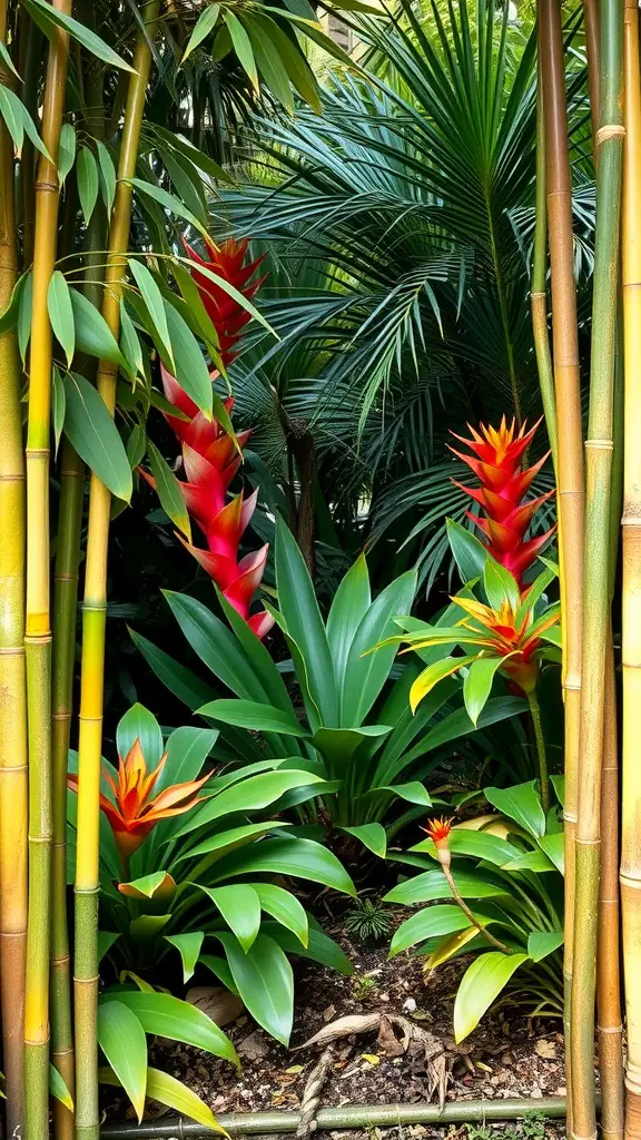 21 Creative Garden Border Ideas You Can Try Today 6 A vibrant garden scene featuring bamboo edging with colorful tropical plants.