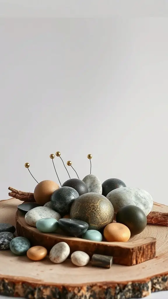 A rustic centerpiece featuring various stones and twigs on a wooden slice.