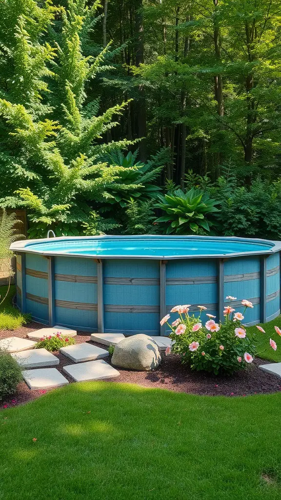19 Inspiring Above Ground Pool Ideas for Your Backyard Oasis 8 A beautifully landscaped above-ground pool surrounded by greenery and flowers.