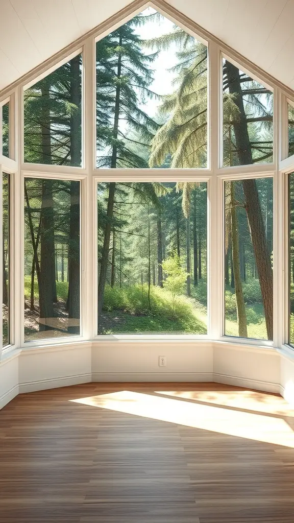 A bright bedroom with large windows showcasing a forest view.