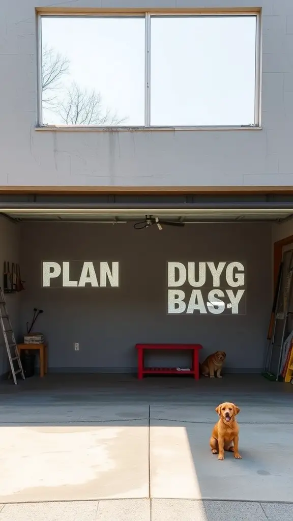 17+ Creative Dog Room Ideas for Your Garage 12 A spacious garage with a large window, featuring a dog sitting on the floor and another dog in the background.