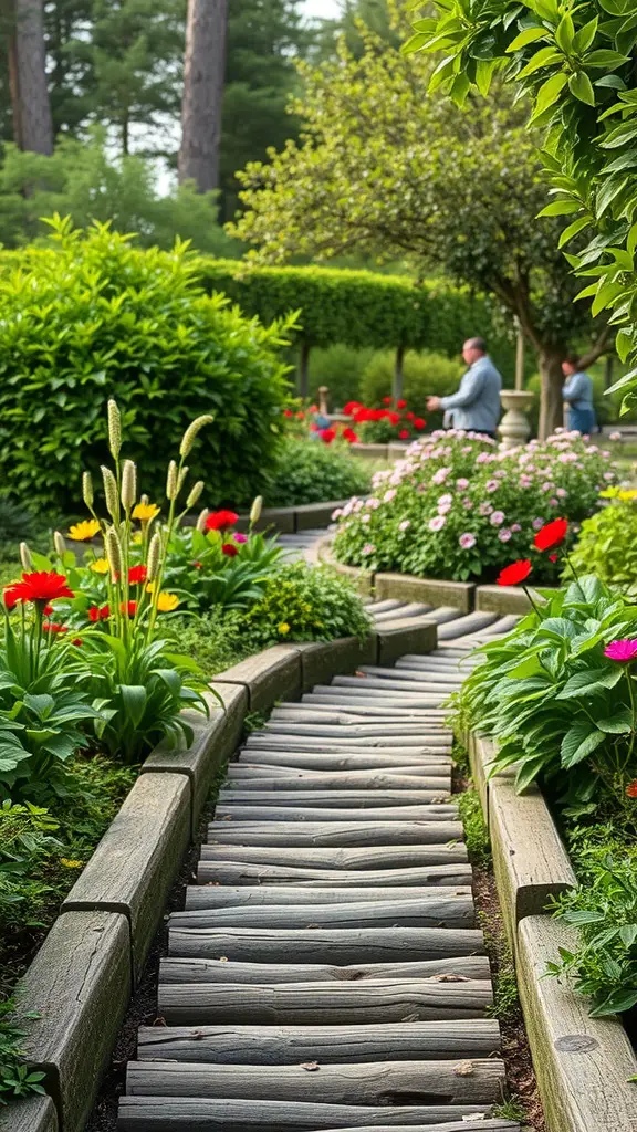 A winding log pathway surrounded by colorful flowers and greenery in a garden.
