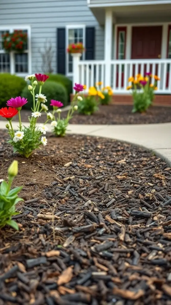 17 Stunning Front Yard Landscaping Ideas for a Beautiful Home Exterior 17 Colorful flowers surrounded by dark natural mulch in front of a home
