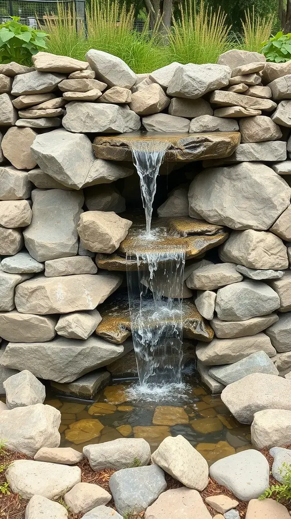 Natural rock waterfall fountain with cascading water and surrounding stones