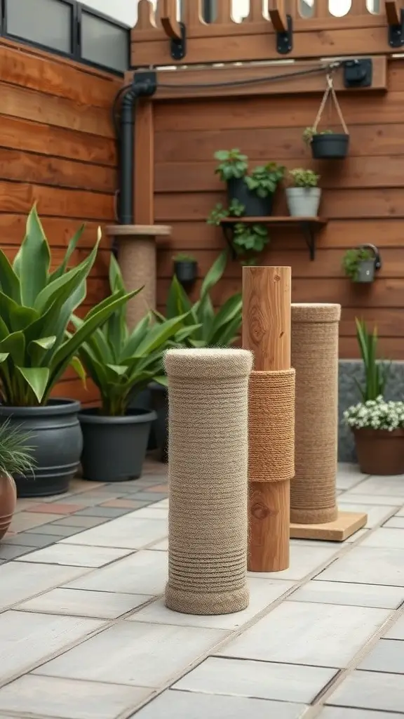 21 Creative Cat Friendly Patio Ideas for the Purrfect Outdoor Space 12 Natural scratching posts in a patio setting surrounded by plants.