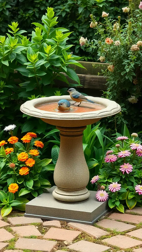 21 Creative Bird Bath Ideas for Stunning Landscaping 8 A natural stone bird bath surrounded by colorful flowers and greenery, with birds enjoying the water.