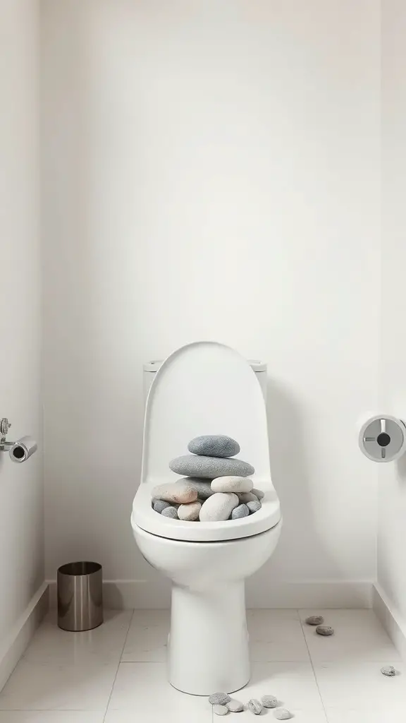 23+Chic Back of Toilet Decor Ideas to Transform Your Bathroom 14 A toilet decorated with a pile of smooth, colorful stones.