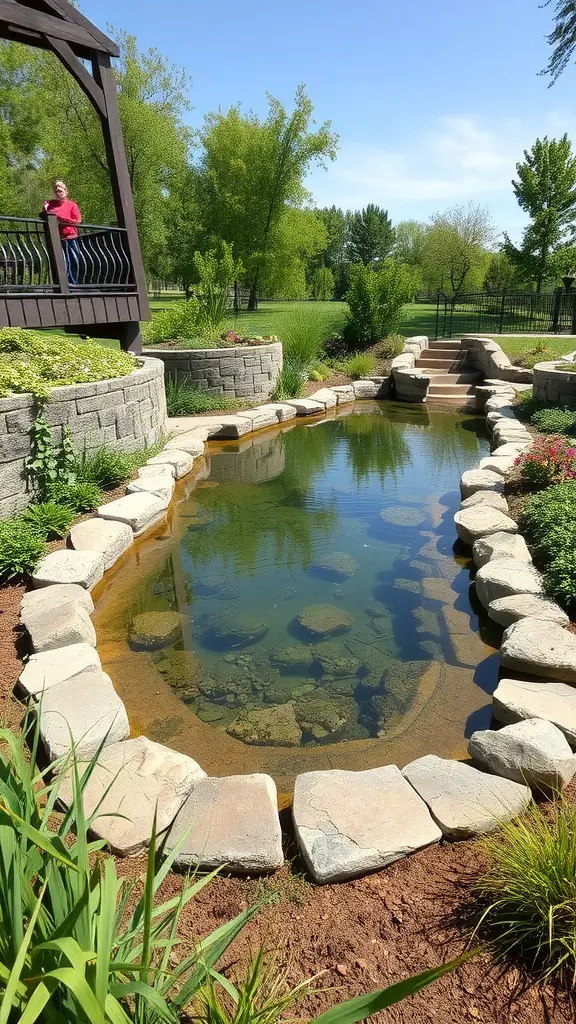 21 Stunning Pond Landscaping Ideas to Transform Your Backyard 6 A landscaped pond with natural stone edging and surrounding greenery.