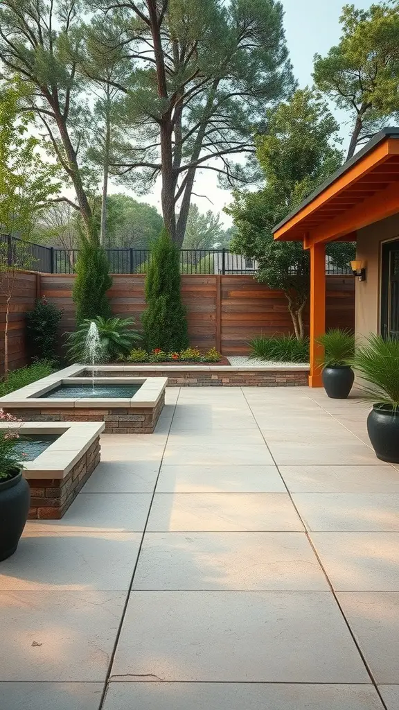 29 Stunning Outdoor Paver Patio Ideas to Transform Your Backyard 5 A modern outdoor patio featuring large stone pavers, a small fountain, and lush greenery in pots.