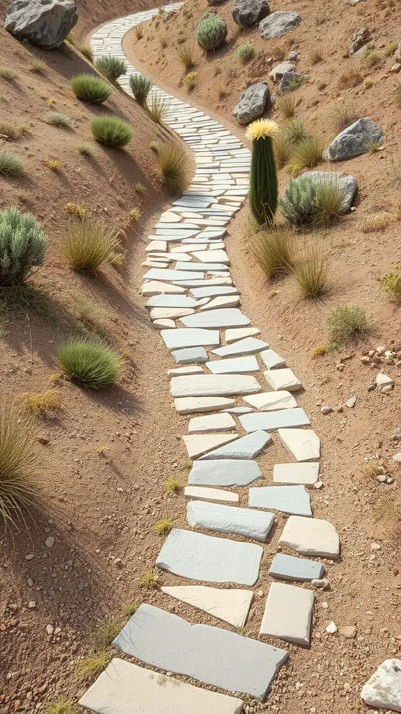 23 Stunning Dry Riverbed Landscaping Ideas to Transform Your Outdoors 9 A winding natural stone pathway through a dry riverbed landscape with sparse vegetation.