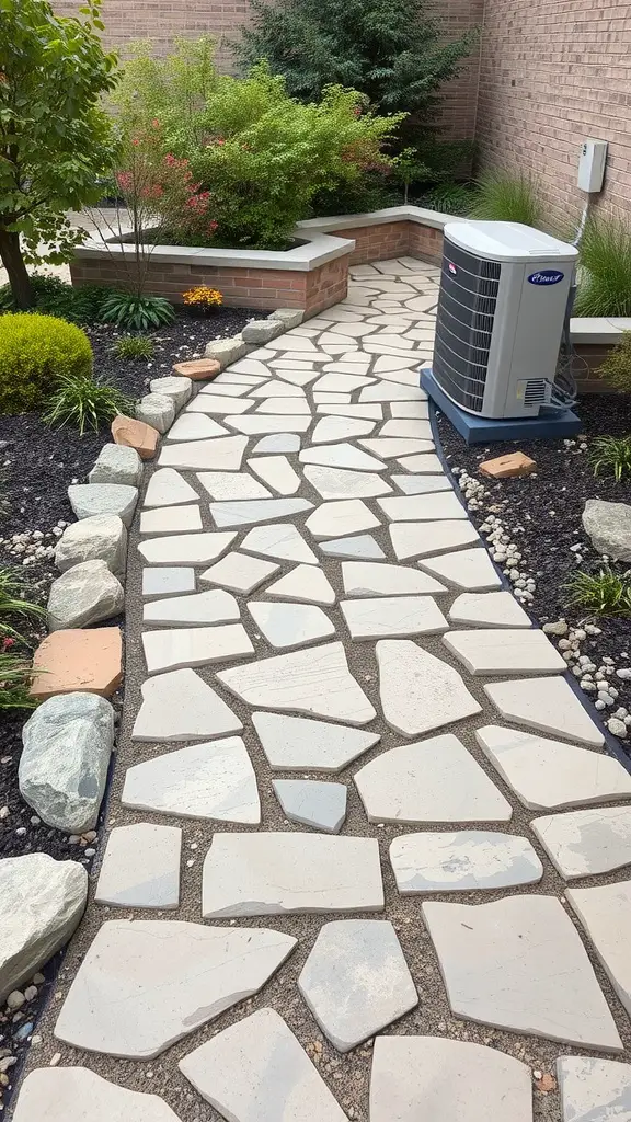 17 Creative Landscaping Ideas to Hide Your AC Unit 13 Natural stone pathway leading to an air conditioning unit surrounded by greenery