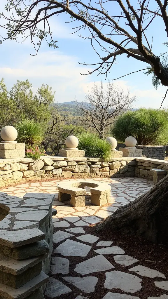 19 Creative Rock Landscaping Ideas for a Stunning Outdoor Space 14 Natural stone seating area with a fire pit and surrounding greenery