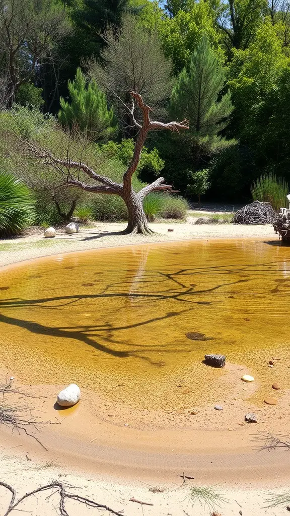 A natural swimming pond surrounded by greenery and sandy edges.