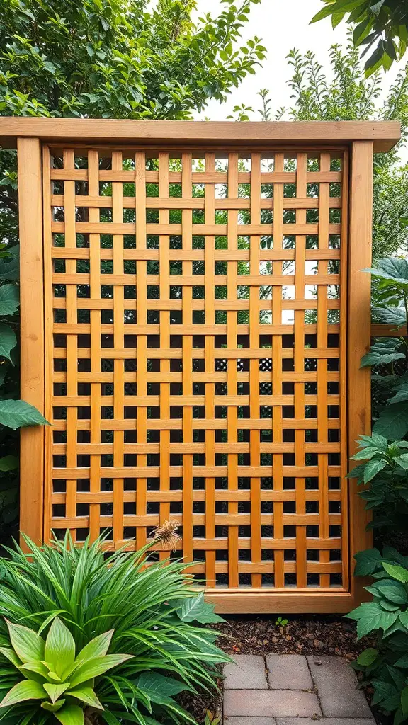 17 Creative Lattice Privacy Screen Ideas for Your Outdoor Space 5 A wooden lattice privacy screen surrounded by lush greenery.