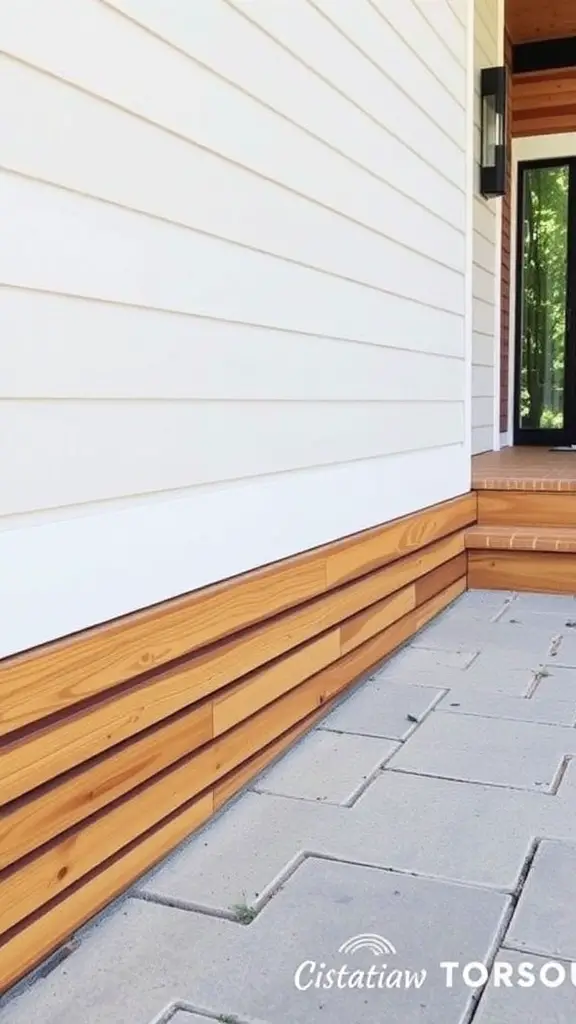 19 Creative House Skirting Ideas to Transform Your Home 6 Natural wood slats used as house skirting, showcasing a modern and clean design.