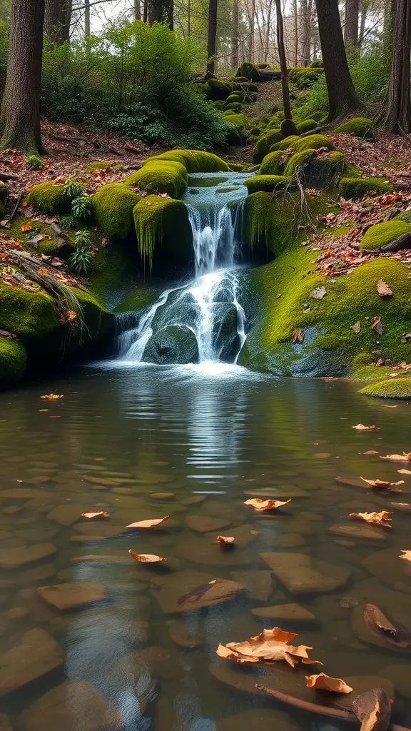 A naturalistic pond with a mossy waterfall surrounded by trees and fallen leaves.