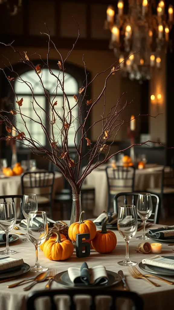 23 Creative Baby Shower Ideas for October Celebrations 5 A nature-inspired centerpiece featuring a bare branch with leaves, mini pumpkins, and elegant table settings.