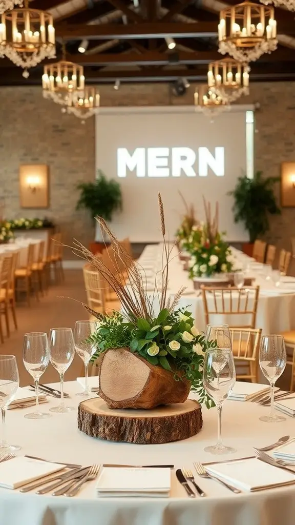 21 Creative Ideas for a Stunning Backyard Micro Wedding 12 A nature-inspired wedding centerpiece featuring a wooden slice base, greenery, and white flowers.