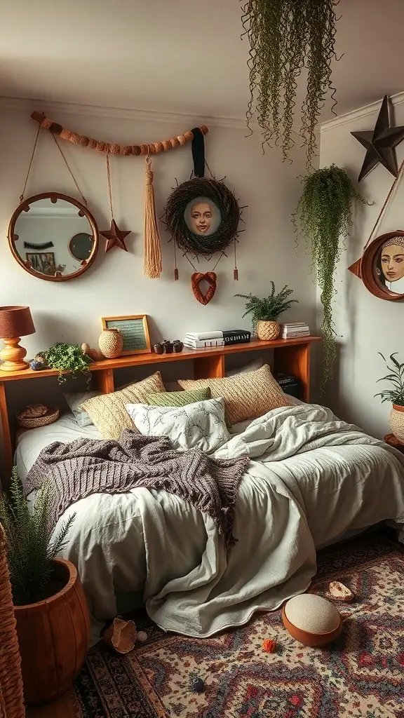 A cozy witchy bedroom with nature-inspired decor, featuring plants, layered bedding, and unique wall art.