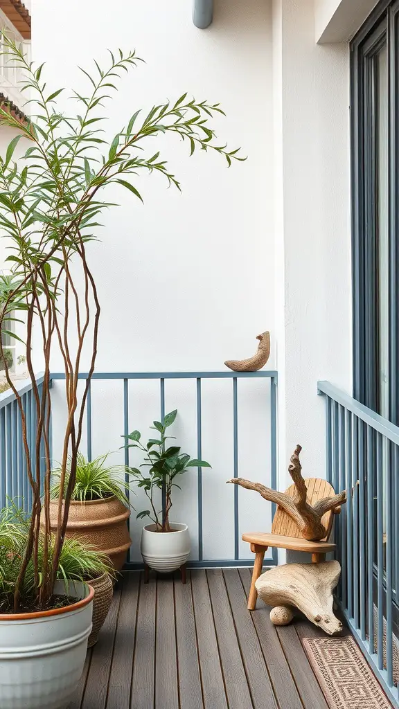 23 Creative Small Balcony Decor Ideas You Need to Try 16 A small balcony decorated with various plants and natural materials, featuring a wooden chair and a cozy atmosphere.