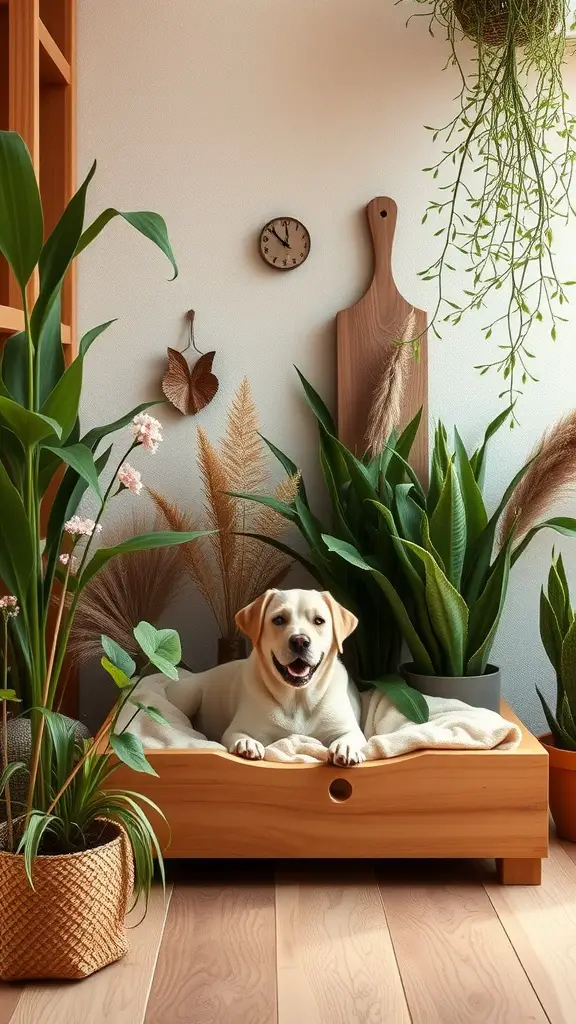19+ Unique Dog Corner Ideas to Elevate Your Pet's Space 14 A happy dog relaxing in a wooden bed surrounded by various plants in a cozy indoor setting.