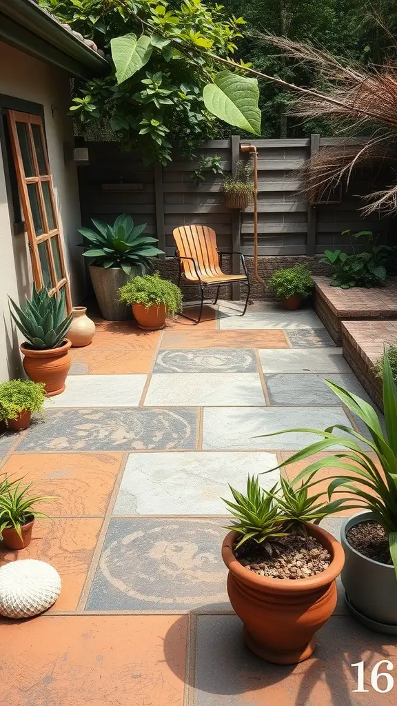 45 Creative Paint Ideas for Your Concrete Patio 2 Concrete patio with earth tones, plants, and a wooden chair