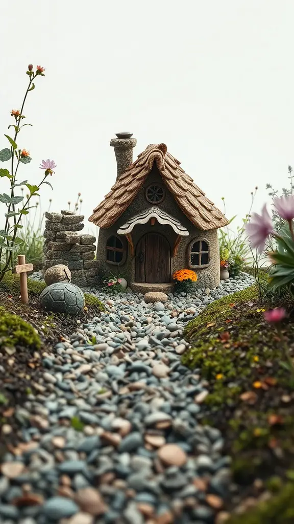 A charming fairy house with a pebble pathway surrounded by flowers and greenery.