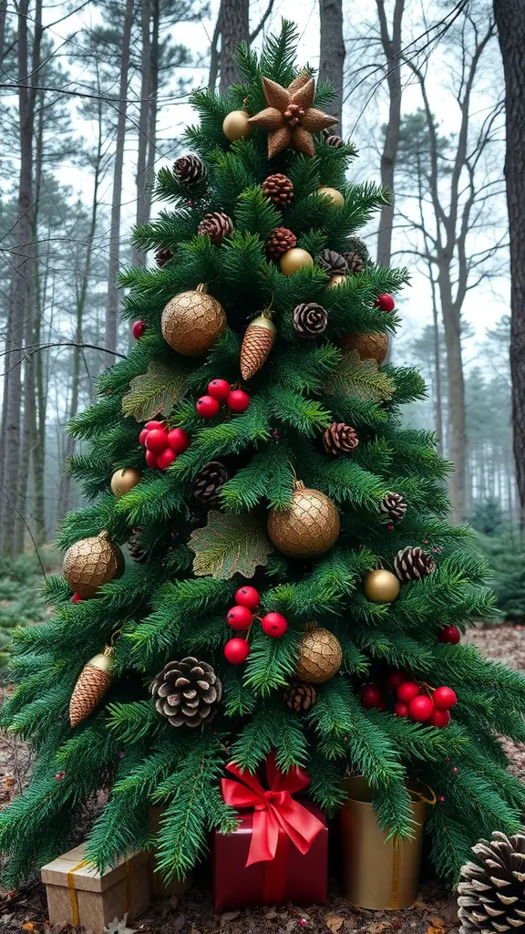 19 Unique Christmas Tree Ideas to Brighten Your Holidays 5 A beautifully decorated Christmas tree with natural elements like pine cones and red berries, set in a forest.