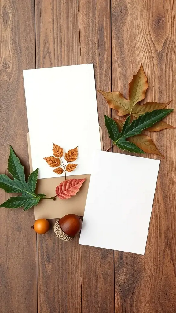 17 Creative Baby Shower Ideas for a September Celebration 2 Nature-inspired baby shower invitations with leaves and acorns on a wooden surface.