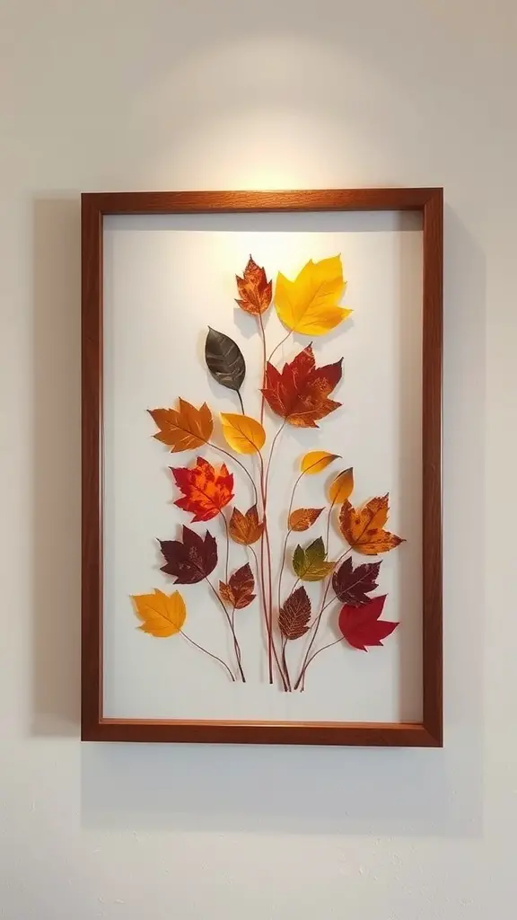 17 Creative Fall Leaves Decor Ideas for a Cozy Autumn Home 2 Framed wall art featuring colorful fall leaves arranged beautifully.