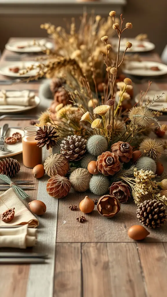 A beautifully arranged fall table decor featuring dried flowers, pinecones, and acorns.