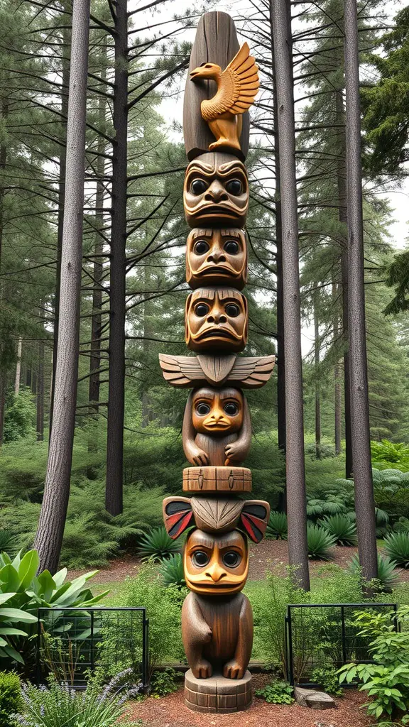 19 Stunning Garden Totems to Elevate Your Outdoor Space 14 A tall, intricately carved totem pole featuring various animal figures, surrounded by trees in a garden setting.