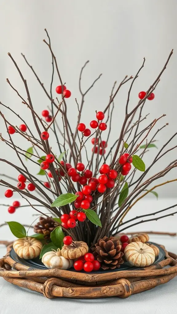A winter wedding centerpiece featuring twigs, red berries, small pumpkins, and pinecones arranged on a decorative tray.