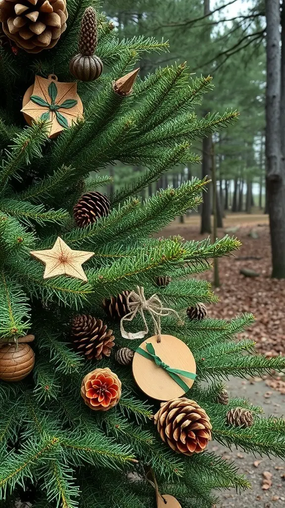 21 Creative Christmas Tree Ideas for a Cozy Fall Celebration 8 A Christmas tree decorated with pinecones and wooden ornaments in a woodland setting.