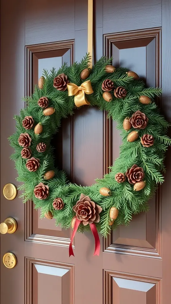 21+ Creative Christmas Decoration Ideas for a Festive Home 4 A nature-inspired wreath with green foliage, pinecones, and golden accents, hanging on a brown door.