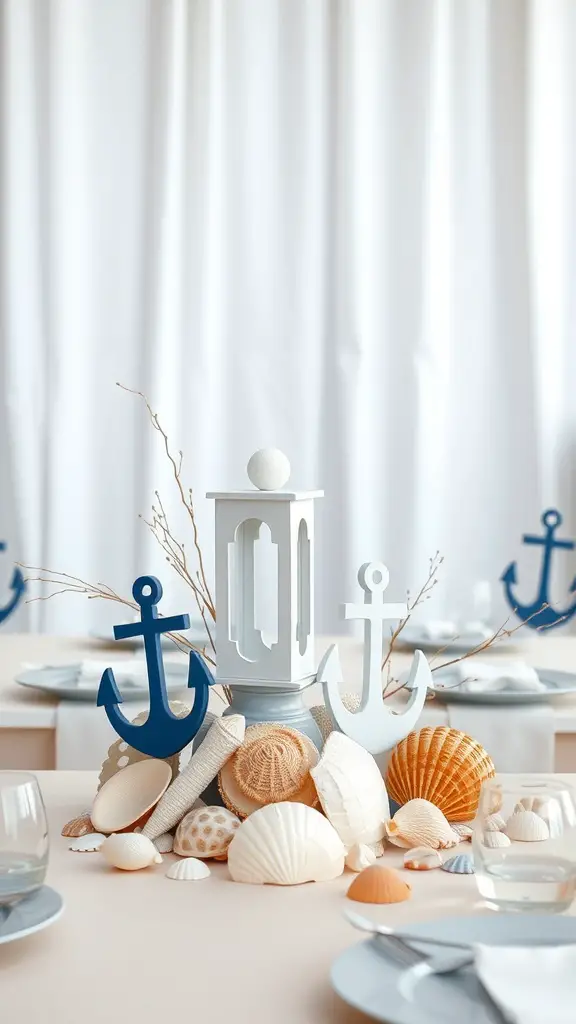 21 Adorable Baby Shower Table Centerpieces for Your Celebration 4 A nautical-themed baby shower centerpiece featuring anchors, seashells, and a lantern.