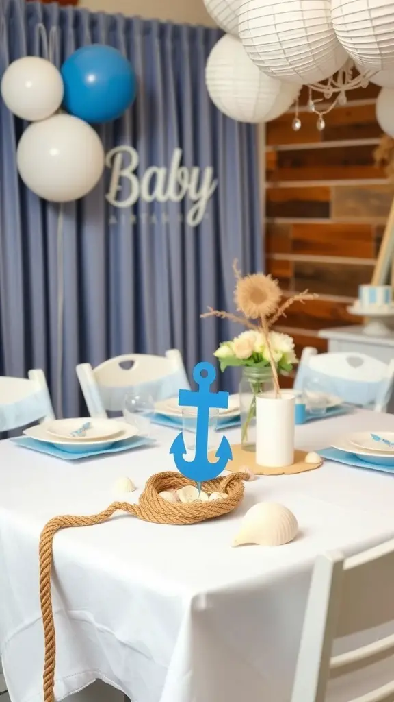 21 Coastal Baby Shower Theme Ideas You’ll Love 8 Nautical themed baby shower table decoration with anchor centerpiece, balloons, and seashells.