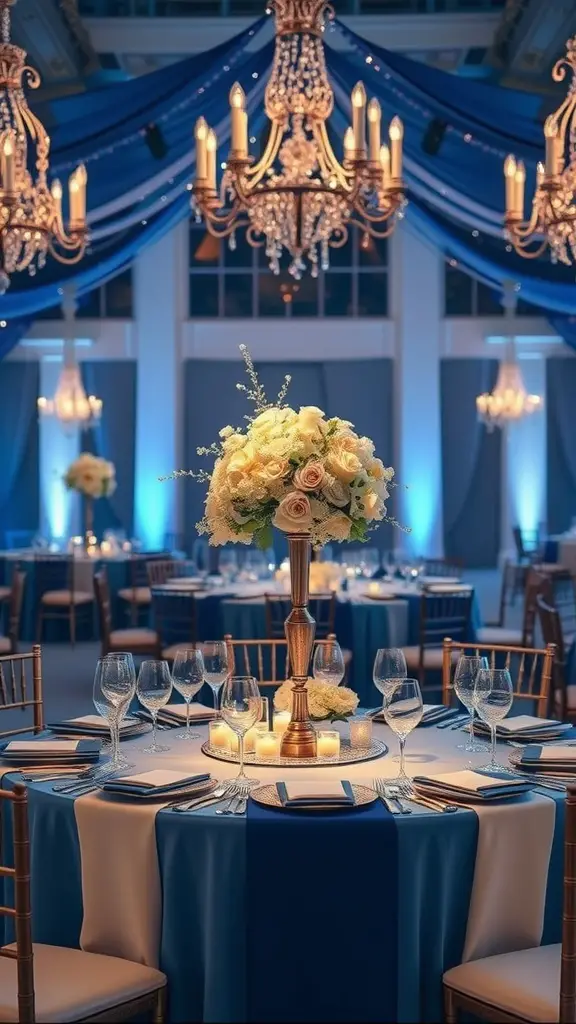 Elegant winter wedding table setting with navy blue and champagne colors